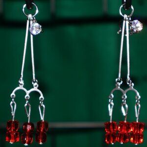 Handmade Clip-On Earrings - BEAUTIFUL 12 6mm Square Red Crystal Beads - CFH 23